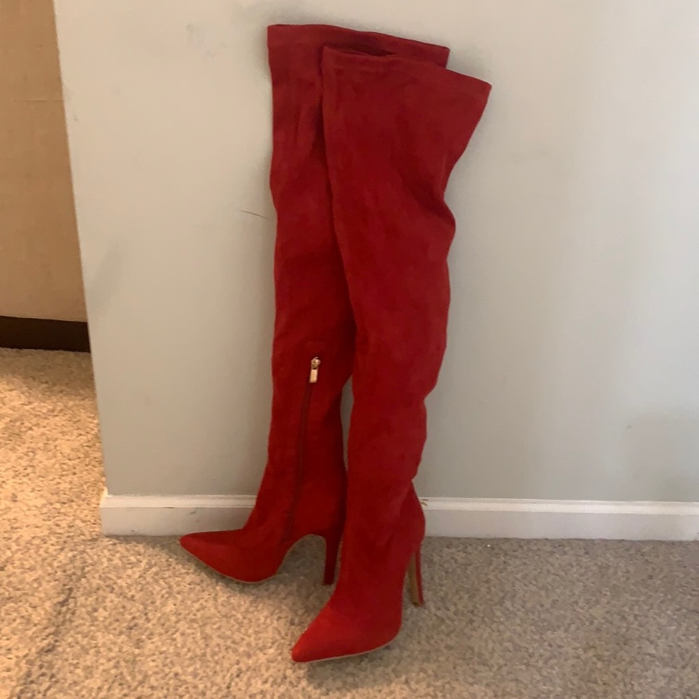 NWOT size 35 Red thigh high boots, never been worn